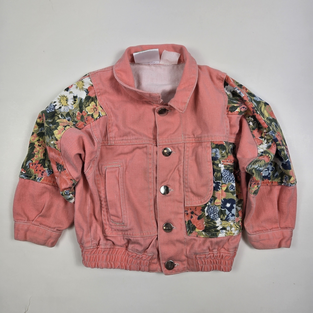 Vintage Kids 80s Floral Patchwork Cinched Waist  Coral Jean Jacket Size 3-4T